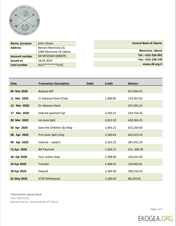 Modèle de relevé bancaire de la Banque centrale du Libéria au format Word et PDF